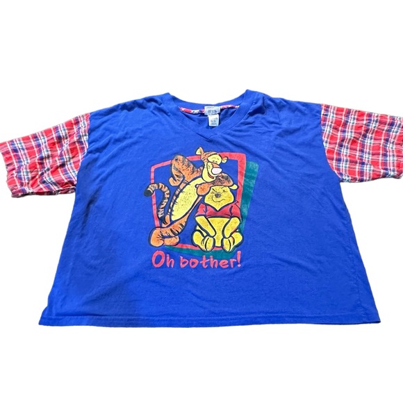 Vintage Winnie The Pooh and Tiger “Oh, Brother” crop top blue with plaid sleeves - Picture 1 of 11